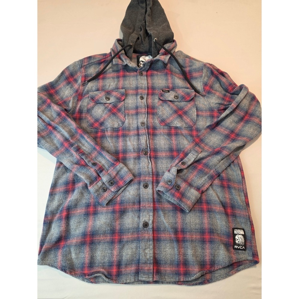 RVCA Christian Fletcher Hooded Flannel Shirt Mens Large Blue Red Plaid A1042-105